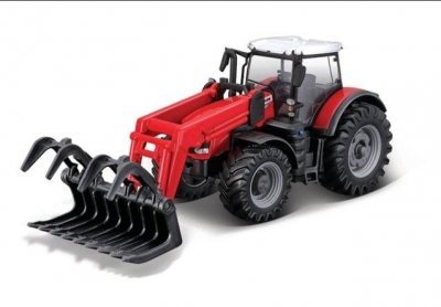 Leketøytraktor med frontlaster med gripeklo - Massey Ferguson 8740S - Burago