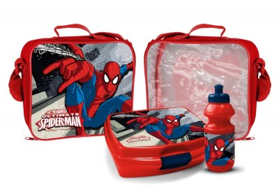 Spiderman, matboks, vannflaske og en sleip skulderveske