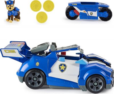 Paw Patrol Chase 2-i-1 transformerende Movie City Cruiser lekebil med motorsykkel, lys og lyd