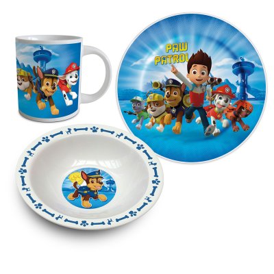 Paw Patrol gjengen, frokost sett i porselen, tallerken, bolle og krus